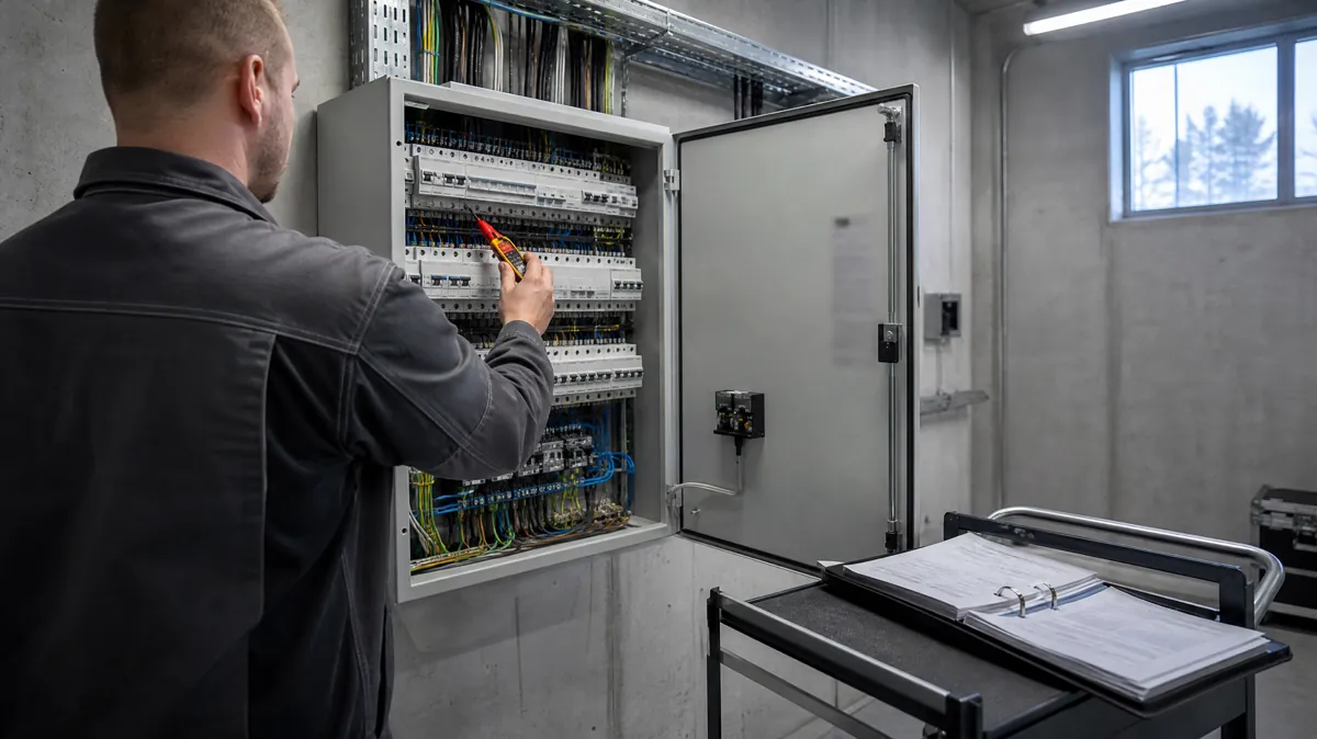 Elektrik kontrollib ärihoone tehnoruumis pingetesteriga avatud jaotuskilpi, kõrval on käru peal avatud kaust