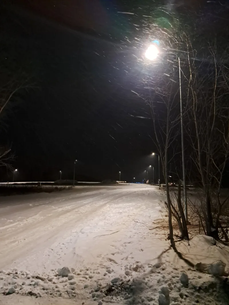 Välisvalgustid lumise tee ääres öösel Kakumetsa külas